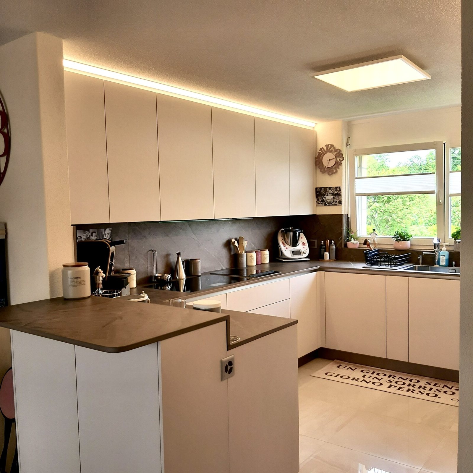 Prime Küche mit Halbinsel und Fensterfront